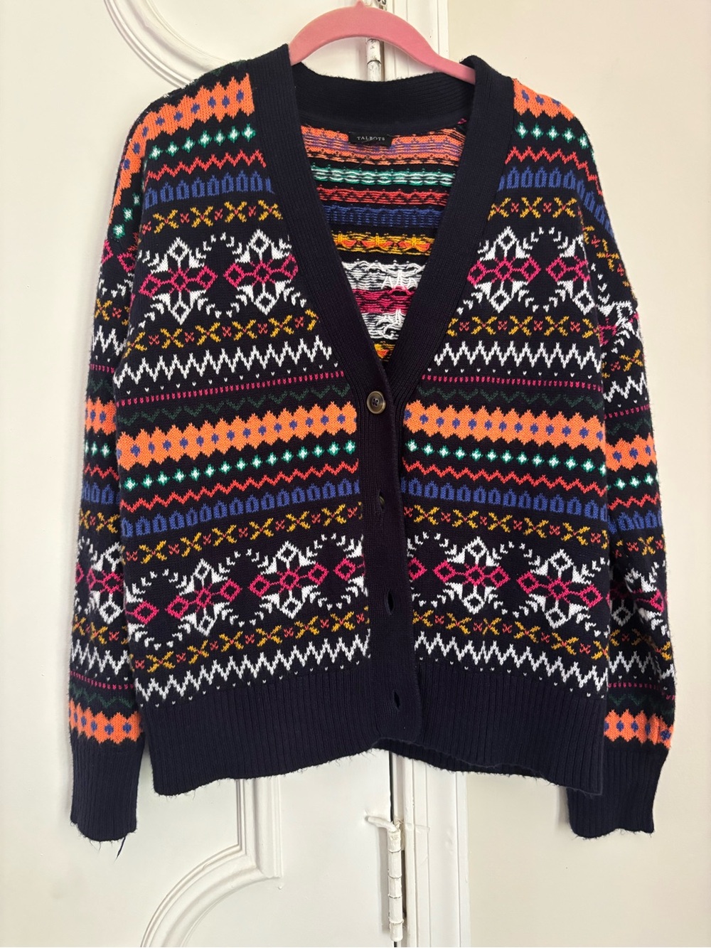 Talbots Navy Multicolor Fair Isle V-Neck Cardigan